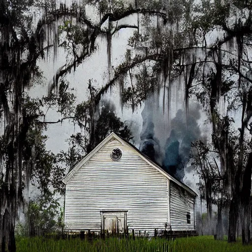 Prompt: a burning old wooden white church, in a bayou, louisiana, southern gothic, painted by greg ratwoski