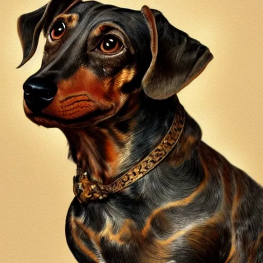 Image similar to portrait of brindle dachshund, salt and pepper hair, soft hair, d & d, muscular, fantasy, intricate, elegant, highly detailed, digital painting, artstation, concept art, smooth, sharp focus, illustration, art by frank frazetta and alphonse mucha