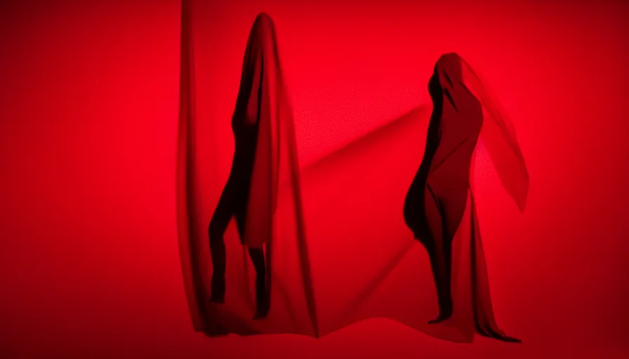 Image similar to fashion photograph of invisible figure wrapped in red sheet in darkness, high contrast, hard light, digital art, rendering, cloth simulation, redshift