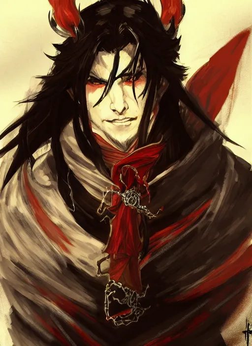 Image similar to Half body portrait of a handsome elf fire mage with long black hair wearing ornate scarlet robe, crazy grin, flame, anarchy. In style of Yoji Shinkawa and Hyung-tae Kim, trending on ArtStation, dark fantasy, great composition, concept art, highly detailed, dynamic pose.