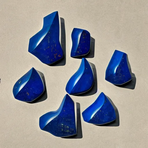 Prompt: abstract carved lapis sculptural jewelry, wiggly irrational shapes, fluid and dynamic forms, detailed and complex, sharp and smooth, product photo