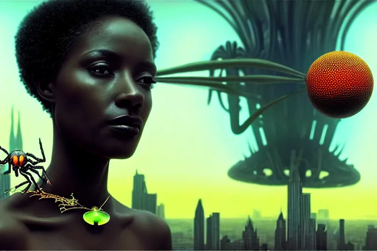 Image similar to realistic detailed photorealistic closeup portrait movie shot of a beautiful black woman with a giant spider, sci fi city landscape background by denis villeneuve, amano, yves tanguy, alphonse mucha, ernst haeckel, david lynch, edward robert hughes, roger dean, cyber necklace, dynamic pose, rich moody colours, wide angle