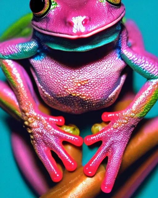 Image similar to natural light, soft focus portrait of a cyberpunk anthropomorphic tree frog with soft synthetic pink skin, blue bioluminescent plastics, smooth shiny metal, elaborate ornate jewellery, piercings, skin textures, by annie leibovitz, paul lehr