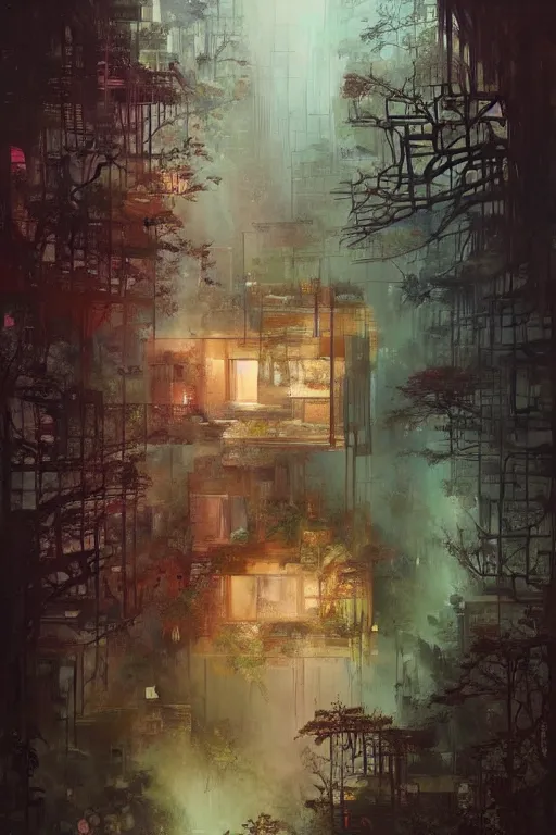 Prompt: (((((a ramshackle Manhattan brick brownstone deep in the forest))))) by Wenjun Lin!!!!!!!!!!!!!!!!!!!!!!!!!!!