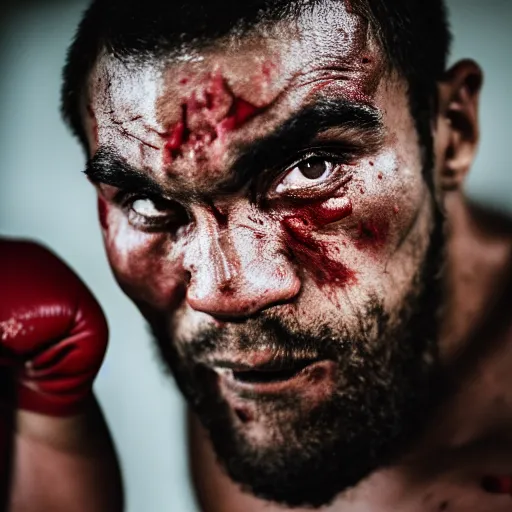 Prompt: close up portrait of boxer after boxing with brews blood sweating, photography photojournalism, very grainy image 120mm lens close up portrait