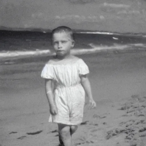 Prompt: child on the beach, old photo, late 19th century, colorized b&w photo