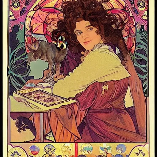 Image similar to Caucasian fortune teller lady with curly hair, a spread of tarot cards on a table, cats on her side, in a colorful tent, Alphonse Mucha poster ,