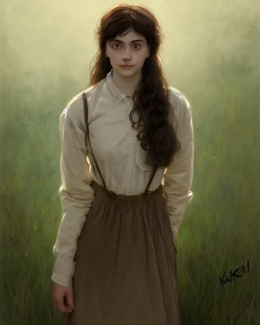 Prompt: portrait of a welsh teenage girl with brown hair, dark brown eyes, glowing skin, delicate features, quiet beauty, amelie poulain, fantasy, intricate, elegant, floral, dress shirt, highly detailed, digital painting, artstation, concept art, smooth, sharp focus, illustration, art by Krenz Cushart and Artem Demura and alphonse mucha