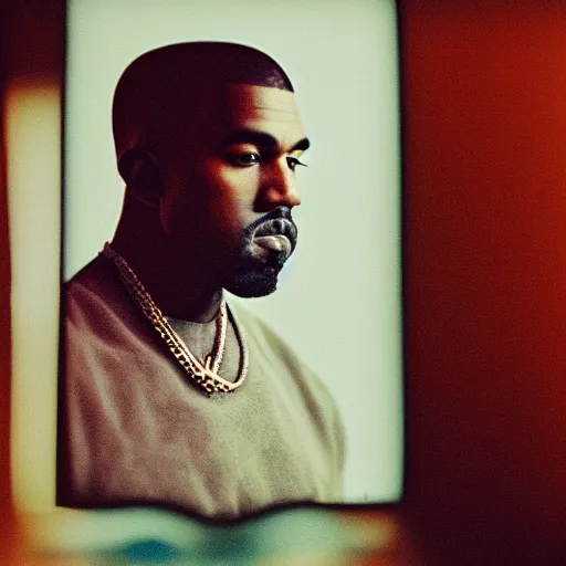 Prompt: Portrait studio photograph of Kanye West in foreground, close up, anthropomorphic teddy bear in background, shallow depth of field, Lomochrome Purple XR 100-400, 40mm