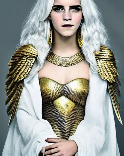 Image similar to perfect white haired egyptian queen emma watson wearing white dove wings warframe armor _ regal _ attractive ornate sultry beautiful dreamy