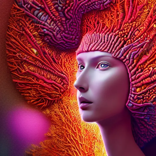 Image similar to Face of a Alien Deity, corals, plume made of geometry, extremly detailed digital painting, sharp focus in the style of android jones, artwork of a futuristic artificial intelligence superstar, mystical colors, rim light, beautiful lighting, 8k, stunning scene, raytracing, octane, under water visual distortion, trending on artstation