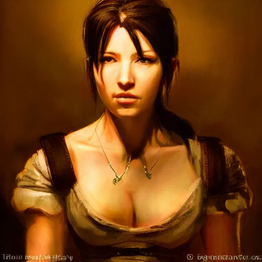 Prompt: tifa lockhart portrait, atmospheric lighting, painted, intricate, highly detailed by rembrandt
