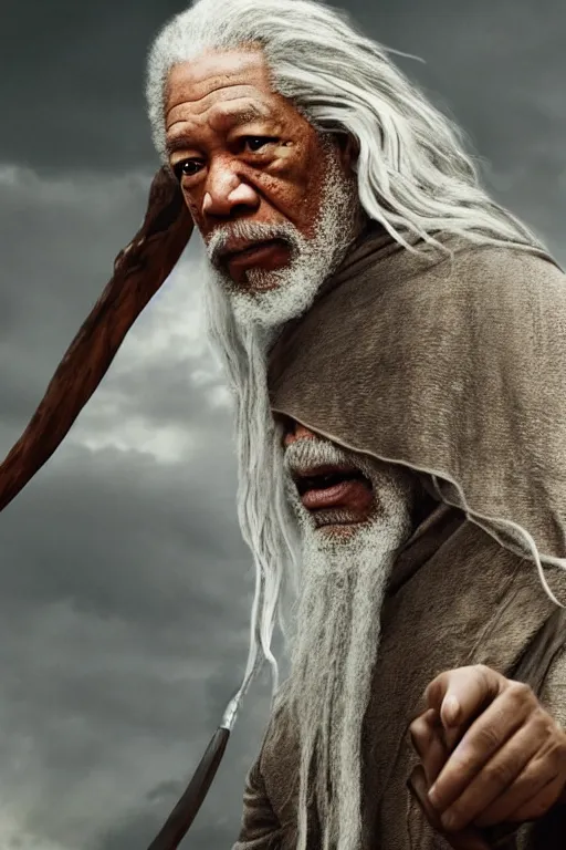 Image similar to morgan freeman starring as gandalf in lord of the rings, cybertronian, long shot, cinematography by wes anderson, 4 k octane render, intricate detail, photorealistic, cinematic lighting, artstation