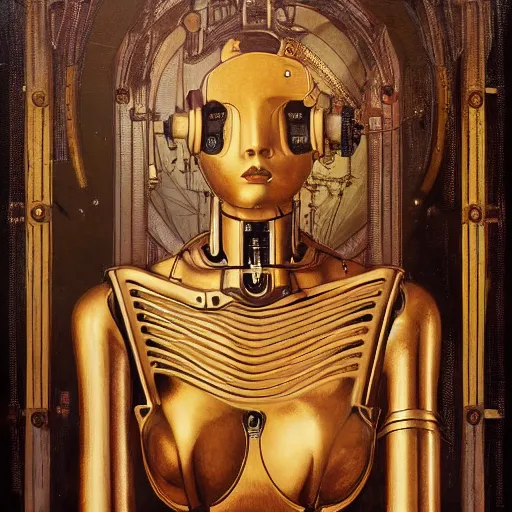 Prompt: brass semi - mechanical woman, headshot portrait, floral art novuea dress, art by moebius, john bauer, caravaggio, in steampunk cityscape designed by victor horta, golden hour, dark shadows, robotic prosthetic limbs, symmetrical