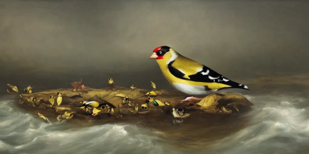 Image similar to painting of a goldfinch drowning in a river of nightmares, in the background you can see hell. by theodore gericault, realistic oil painting, 4 k, studio lightning, award winning, very detailed shadows