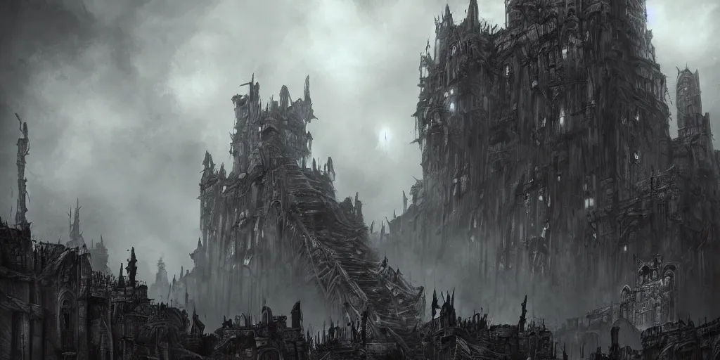 Prompt: grimdark fantasy fortress, ruined, terrifying architecture, looming, dark, fog, dark souls, artstation