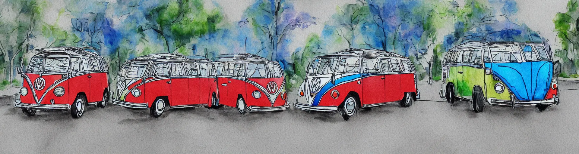 Image similar to vw bus, vw beetle, on a street, centered award winning watercolor pen illustration