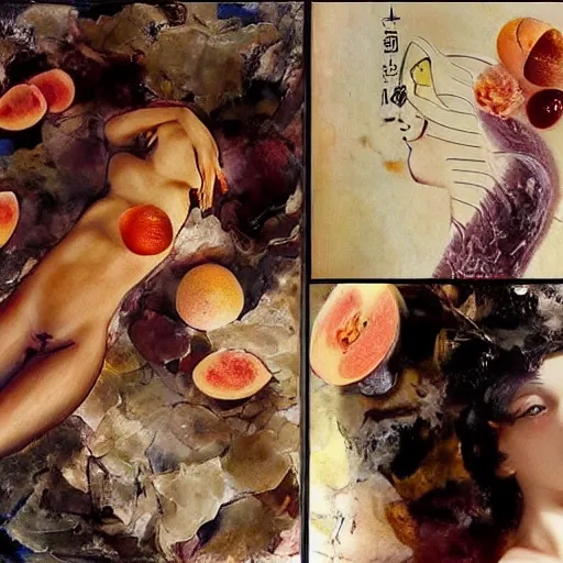 Prompt: A beautiful collage. In the dream, she is easting a peach, on Venus. The flesh is sweet and juicy, slightly bitter. It mingles with Sydan's taste in a delicious way. YouTube by Ashley Wood