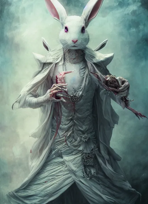 Image similar to white rabbit the magician tarot card, highly detailed, cinematic, 8 k, by stanley artgermm, tom bagshaw, greg rutkowski, carne griffiths, ayami kojima, beksinski, giger, trending on deviantart, hyper detailed, horror, full of colour