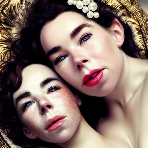 Prompt: stunning photo of dark - haired goddesses vanessa kirby and bjork smiling, laying back on a pillow, with melted white pearls all over their faces, a beautiful closeup, wet lips, perfect eyes, insanely detailed, elegant, by mucha, wlop, rutkowski, livia prima