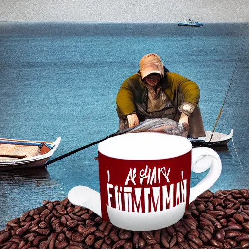 Image similar to a fisherman relaxing in a giant hot chocolate mug,digital art