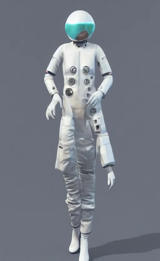 Image similar to hybrid fashion model astronaut wearing a dress designed by alexander mcqueen, catwalk, soft ambient lighting, photorealism, unreal engine