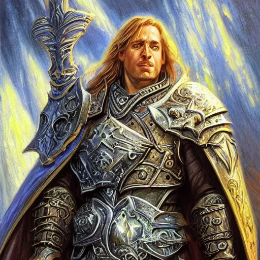 Prompt: Arthas Menethil as a fantasy D&D paladin, portrait art by Donato Giancola and James Gurney, digital art, trending on artstation