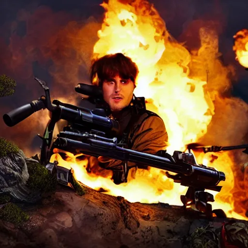 Prompt: Rambo shooting flames out of a flamethrower, moonlight, burning trees, burning computers on the floor, detailed face, real picture, 8K, action movie scene