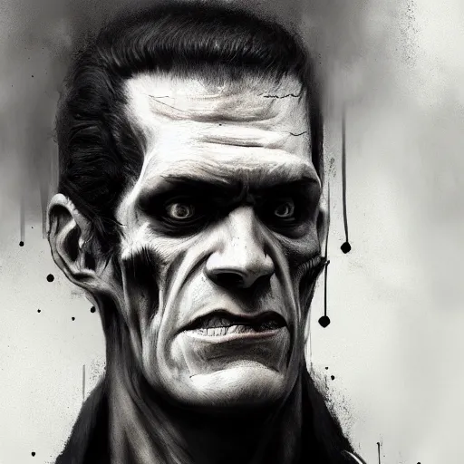 Image similar to black and white, portrait of frankenstein, scarred, in a suit, fantasy art, art by greg rutkowski, matte painting, trending on artstation
