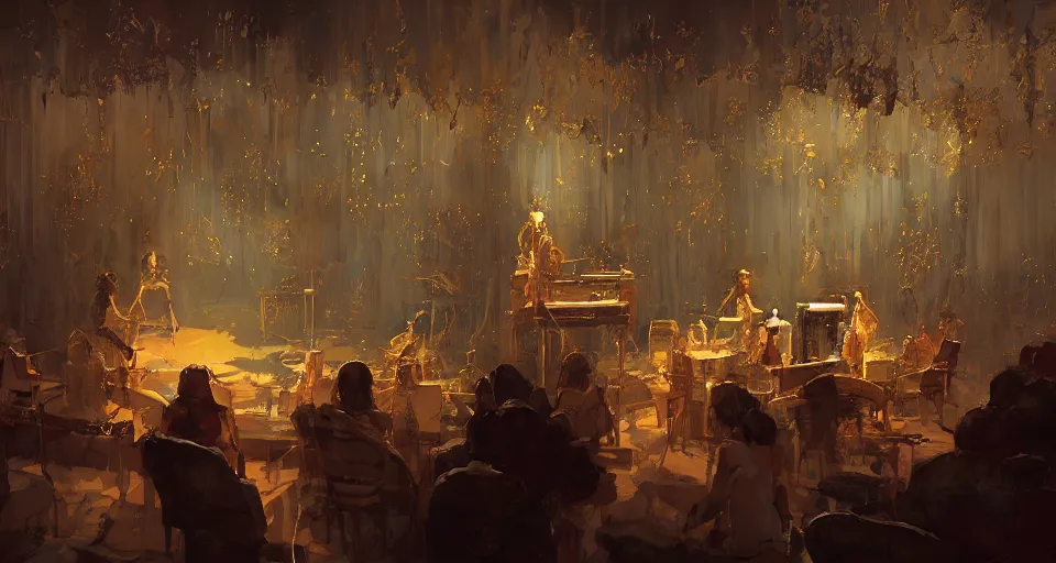 Image similar to craig mullins and ghibli digital art of inside the theater, on the stage, masked female violinists, solo performance ， exotic costumes, gold jewelry, black hair, realistic shading, cinematic composition, realistic render, octane render, detailed textures, photorealistic, wide shot