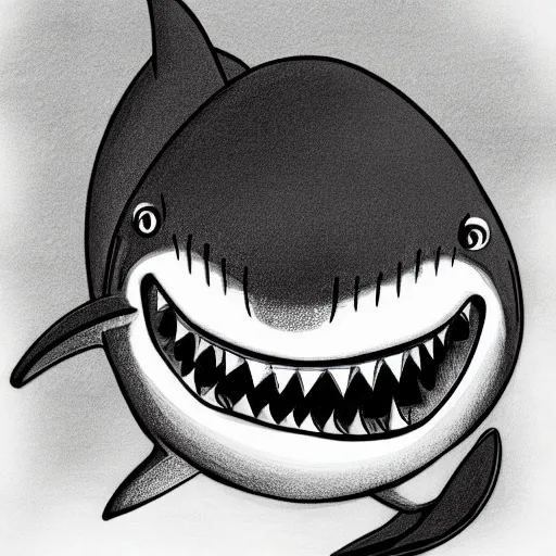 Image similar to happy shark going to work, pencil sketch, black and white