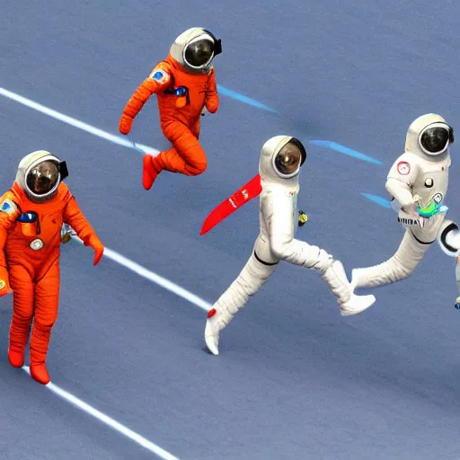 Image similar to 5 space astronauts in spacesuits of different colors, running in a relay race in a stadium, olympic games