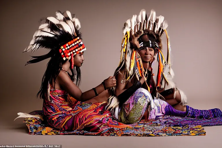 Image similar to a woman in a buffalo headdress sitting on the ground with one leg raised, cosplay, photoshoot, studio lighting, photograph by Bruce Weber