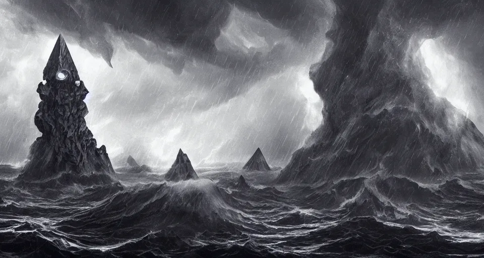 Image similar to black lovecraftian eldritch!! obsidian pyramid!! on a snowy island surrounded by raging stormy seas, with a large shadow of a creature in the background by eugene von guerard, ivan shishkin, night, red lightning!!, storm!, dramatic lighting, concept art, trending on artstation, 8 k