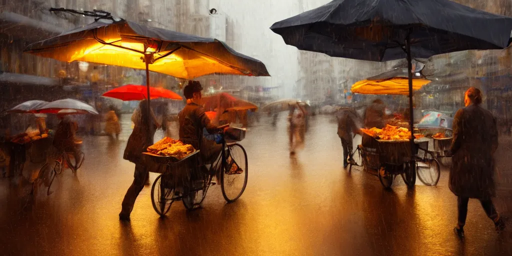 Image similar to Street food vendor prepares your meal as it rains, cozy wallpaper, 4k, high details, volumetric dynamic lighting, motion blur, blur, bokeh, trending on Artstation, award-winning, art by Greg Rutkowski