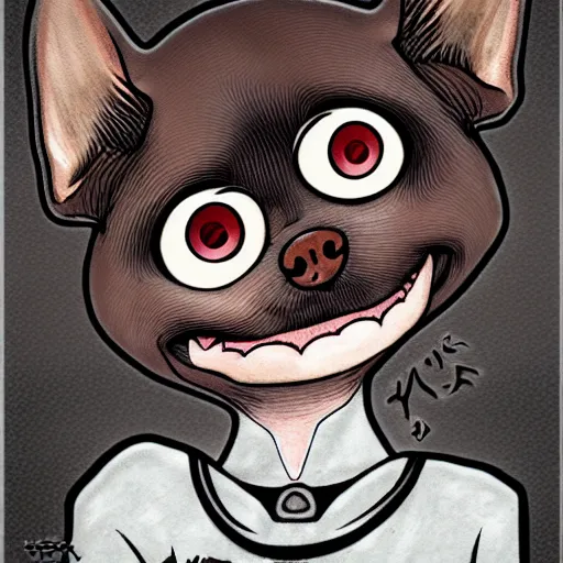 Prompt: a dark brown chihuahua, hyper detailed, in the style of junji ito and berserk, selfie