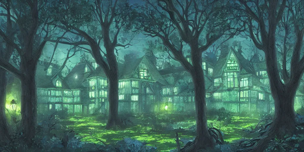 Image similar to manor in the middle of the forest, at night, medieval!!!!, green, dark blue!!!!, bright, artstation, detailled, manga!!!, fantasy!!!!!!