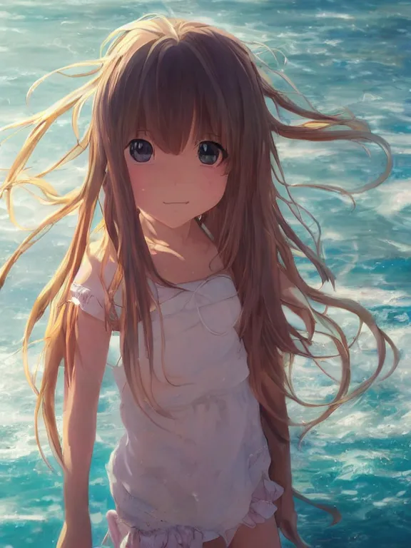 Image similar to An anime portrait of a smiling girl on the beach near the ocean, young child, medium shot, whole head, trending on artstation, by Stanley Artgerm Lau, WLOP, Rossdraws, James Jean, Andrei Riabovitchev, Marc Simonetti, and Sakimi chan