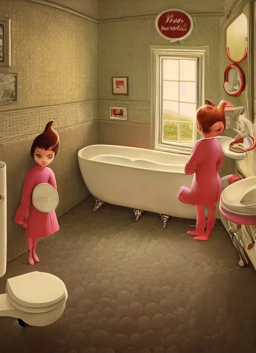 Image similar to highly detailed wide - angle portrait of a retro 1 9 6 0 s bathroom, nicoletta ceccoli, mark ryden, lostfish, earl nore, hyung tae, frank frazetta, global illumination, god rays, detailed and intricate environment