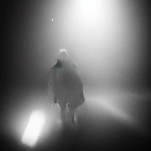 Image similar to an abstract photograph of a lonely male shadowy figure, underwater, there are street lanterns, motion blur, 35 mm, black-and-white