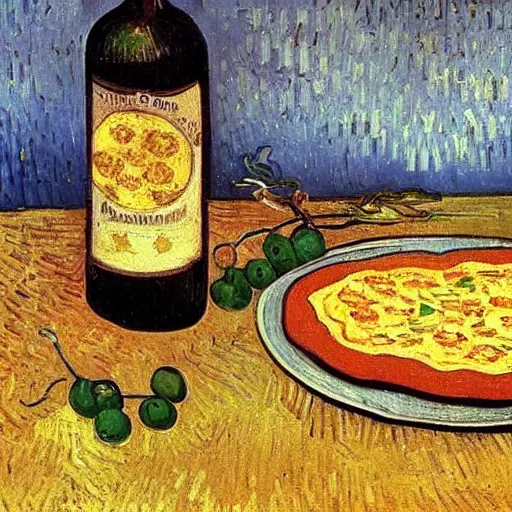 Prompt: Oil painting of a still life with a pizza and wine bottle, by Vincent van Gogh,