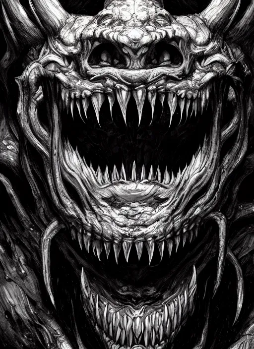 Image similar to close up portrait of a monster in the mountains of hell, sharp teeth, oil painting by tomasz jedruszek, cinematic lighting, pen and ink, intricate line, hd, 4 k, million of likes, trending on artstation