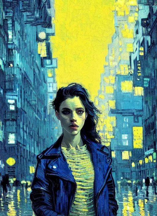 Image similar to portrait of a beautiful girl, new york backdrop, sad, shades of blue and yellow, beautiful face, rule of thirds, intricate outfit, spotlight, by greg rutkowski, by jeremy mann, by francoise nielly, by van gogh, digital painting