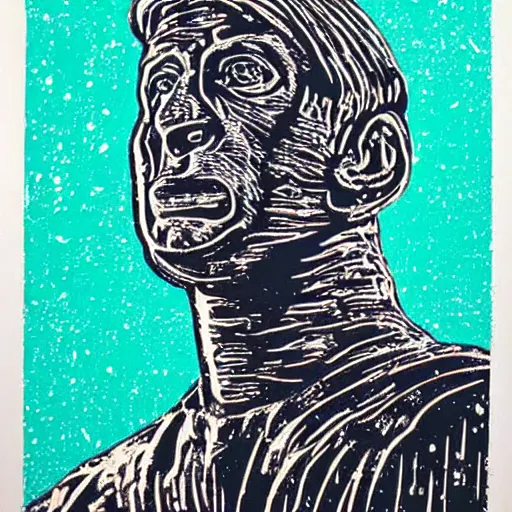 Prompt: three colour lino cut of ALF frozen in Carbonite