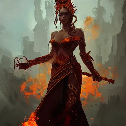 Prompt: A portrait of the Queen of fire, Magic the Gathering art, art by greg rutkowski, matte painting, trending on artstation, very detailed