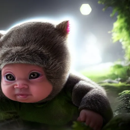 Image similar to full body pose, hyperrealistic photograph of a cute baby avatar creature, dim volumetric lighting, 8 k, octane beautifully detailed render, extremely hyper detailed, intricate, epic composition, cinematic lighting, masterpiece, trending on artstation, very very detailed, stunning, hdr, smooth, sharp focus, high resolution, award, winning photo, dslr, 5 0 mm