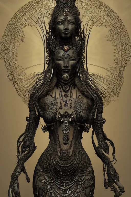 Image similar to a realistic dark photo of a beautiful ancient alien woman goddess kate moss nataraja shiva standing in iris van herpen dress jewelery and fractals in style of alphonse mucha art nuvo dmt trending on artstation made in unreal engine 4