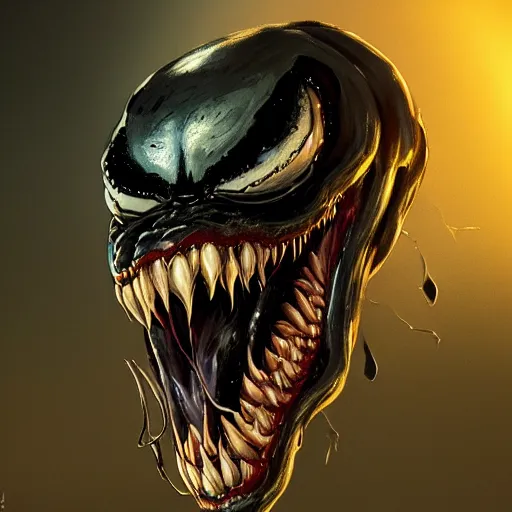 Image similar to Venom portrait by Marcus Whinney Artstation, highly detailed, photorealism, concept art, rpg portrait, cinematic lighting, high contrast, depth of field, futuristic art, golden ratio, rule of thirds, surrealism Unreal engine 5