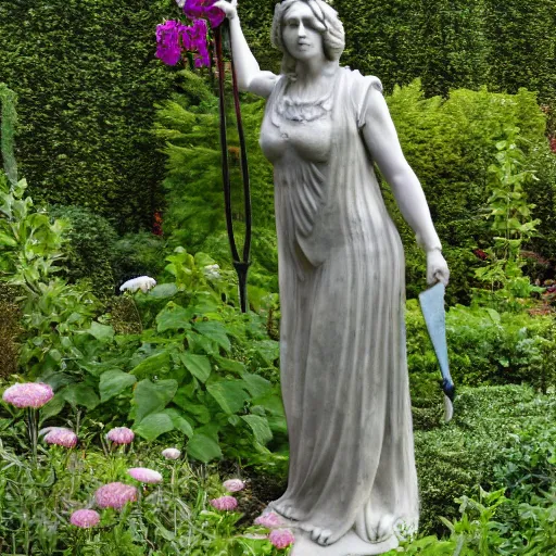 Prompt: A marble statue of a middle-aged woman dressed as a middle-aged gardener holding a spade and standing in the overgrown herb garden. Fantasy art.