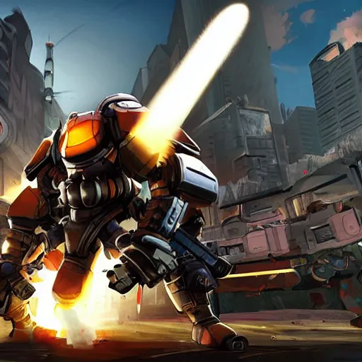 Prompt: agile mech dodging a barrage of rockets, wielding a sword, in a ruined cityscape